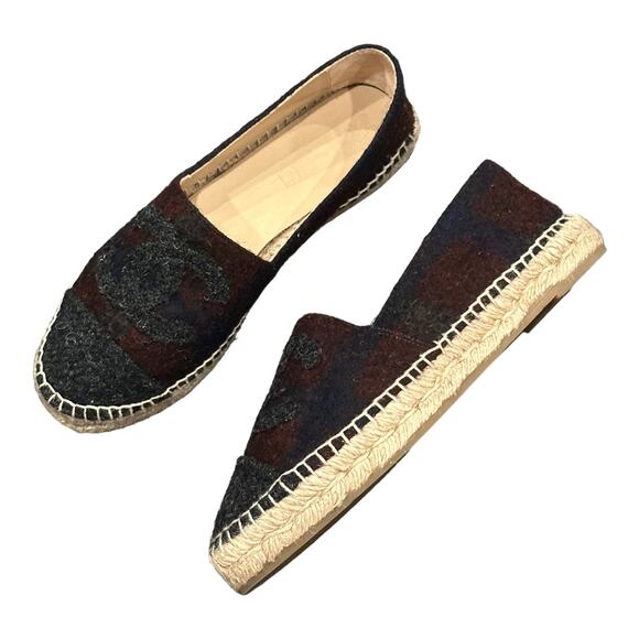 CHANEL Shoes - Chanel Burgundy/Navy Blue/Dark Grey Fabric Espadrilles 15B Size 39 with Box